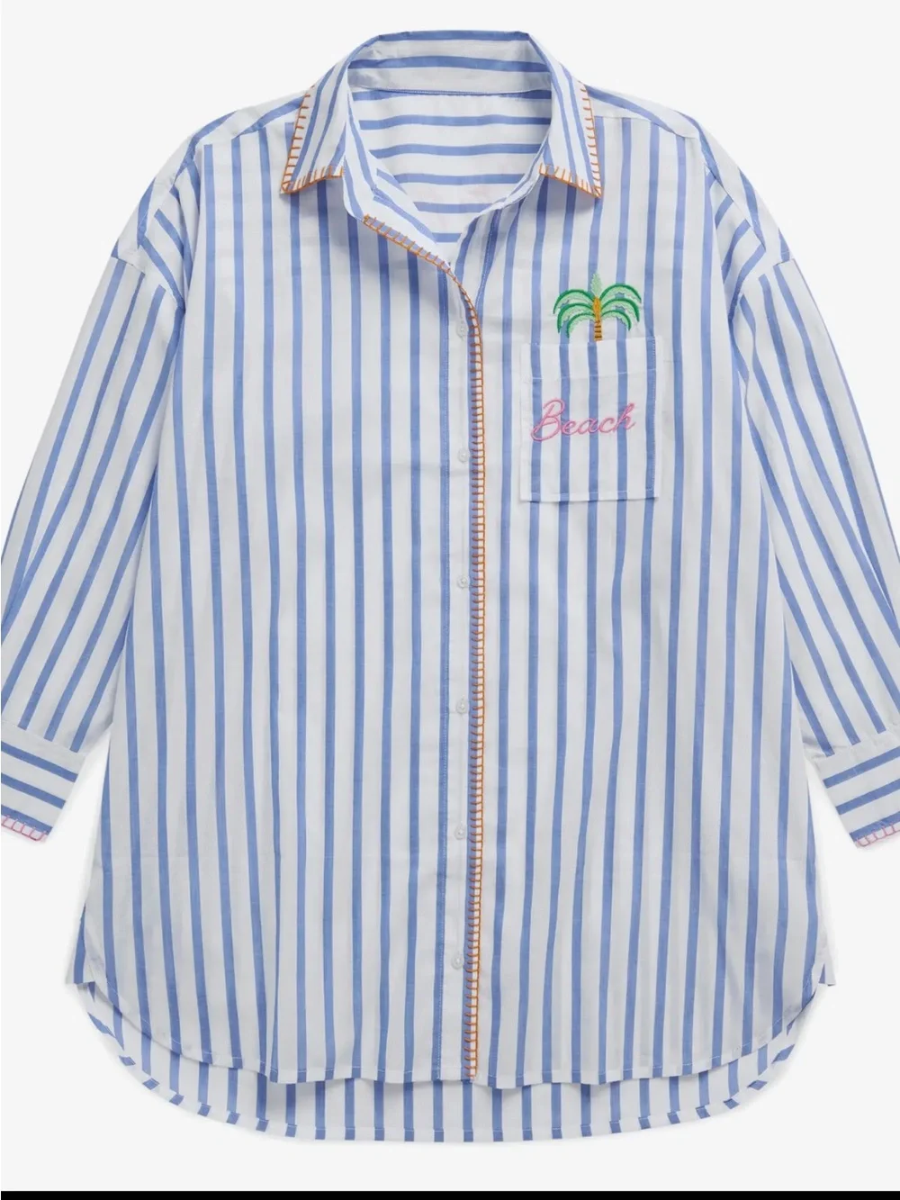 Shiraleah Blue & White Striped beach Shirt Dress with Embroidery large